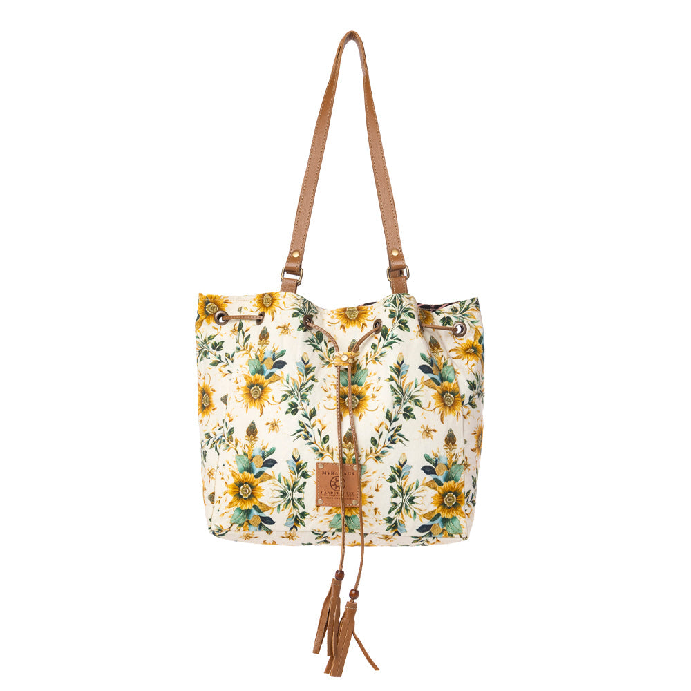 Myra Southern Bloom Cotton & Leather Bucket Bag in Chestnut Beige - Myra USA