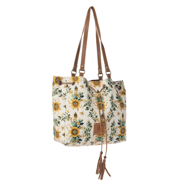 Myra Southern Bloom Cotton & Leather Bucket Bag in Chestnut Beige - Myra USA