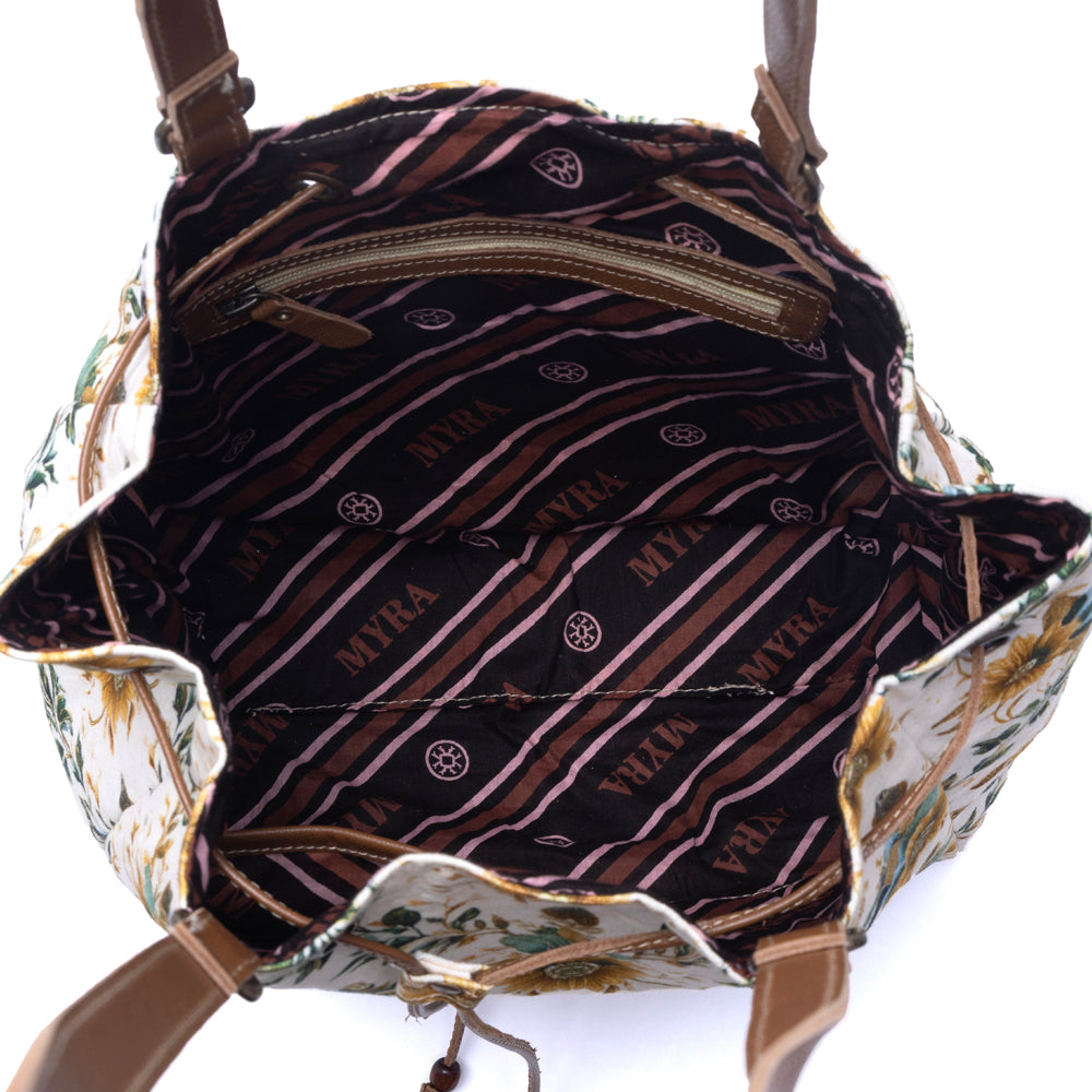 Myra Southern Bloom Cotton & Leather Bucket Bag in Chestnut Beige - Myra USA