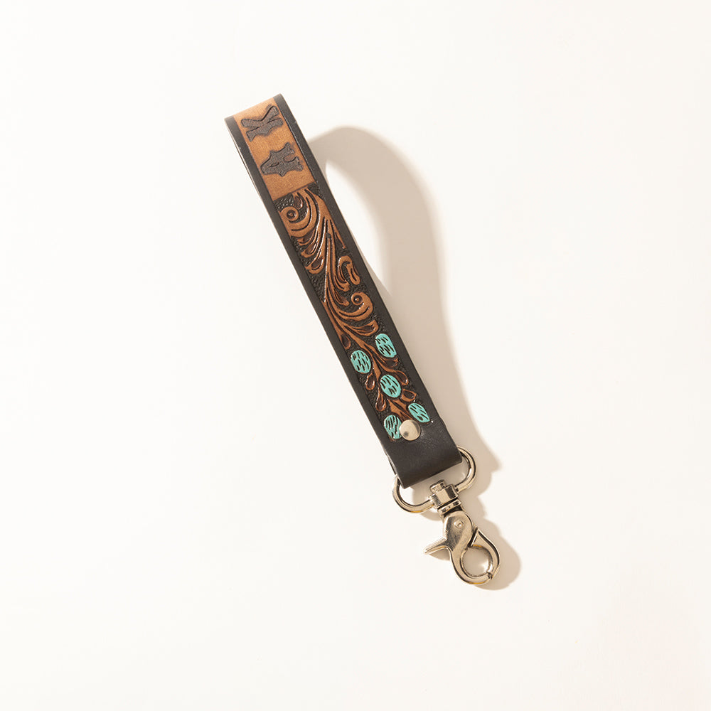 Myra Turquoise Trail Handtooled Leather Keyfob in Desert Ebony - Myra USA