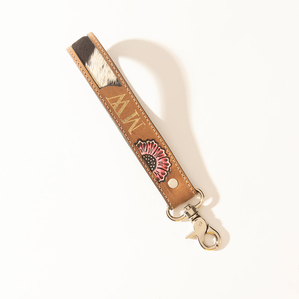 Myra Blush Bloom Hairon & Tooled Leather Keyfob in Saddle Rose