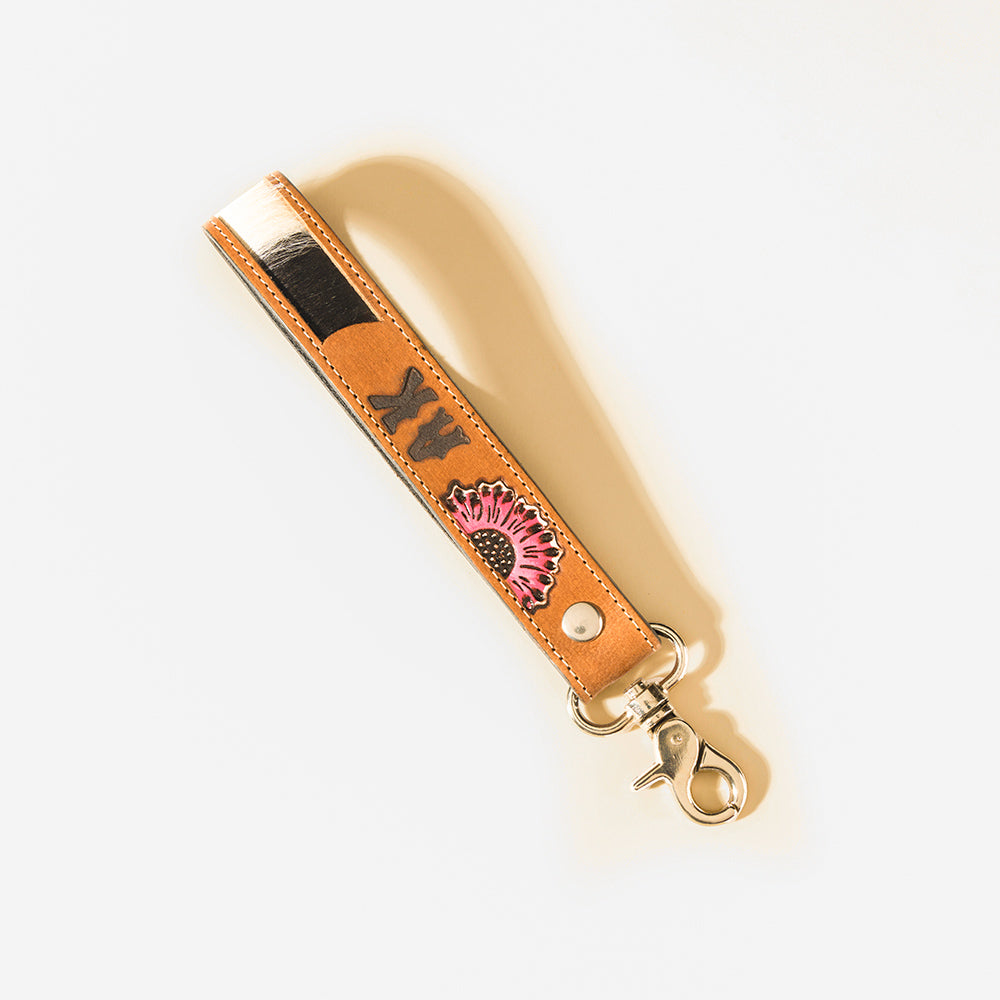 Myra Blush Bloom Hairon & Tooled Leather Keyfob in Saddle Rose