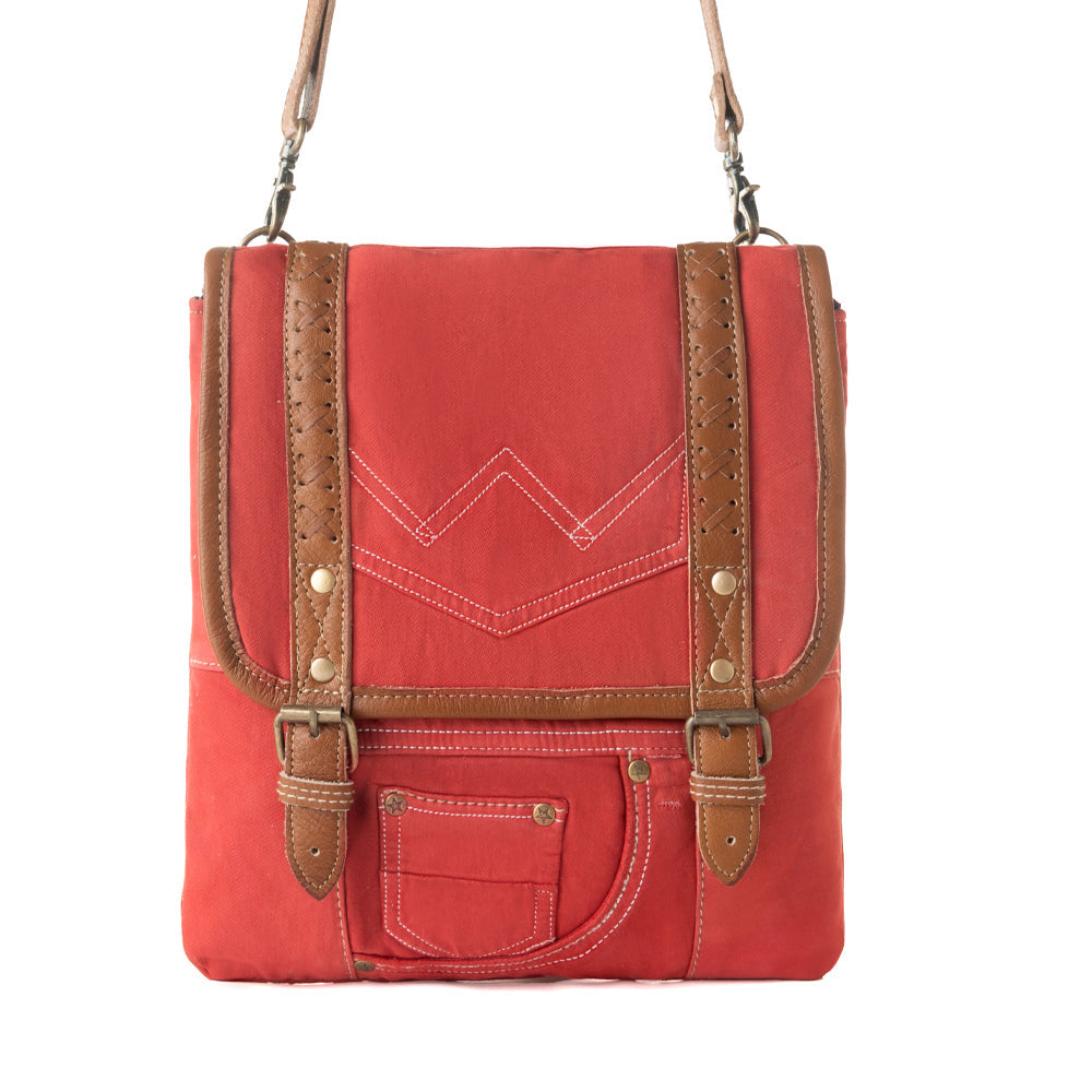 Dustrider upcycled canvas vintage style Concealed-Carry bag for Women in red with leather detail - Myra USA