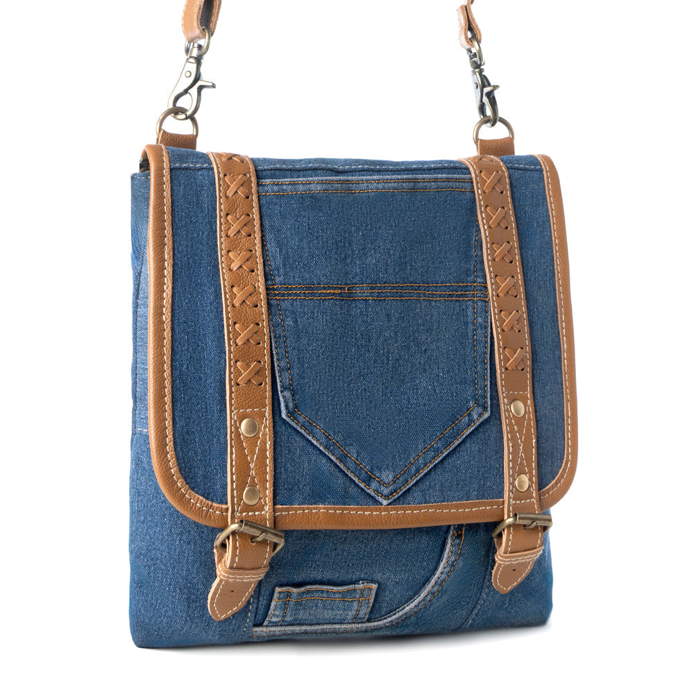 Dustrider upcycled canvas vintage style Concealed-Carry bag for Women in denim blue with leather - Myra USA