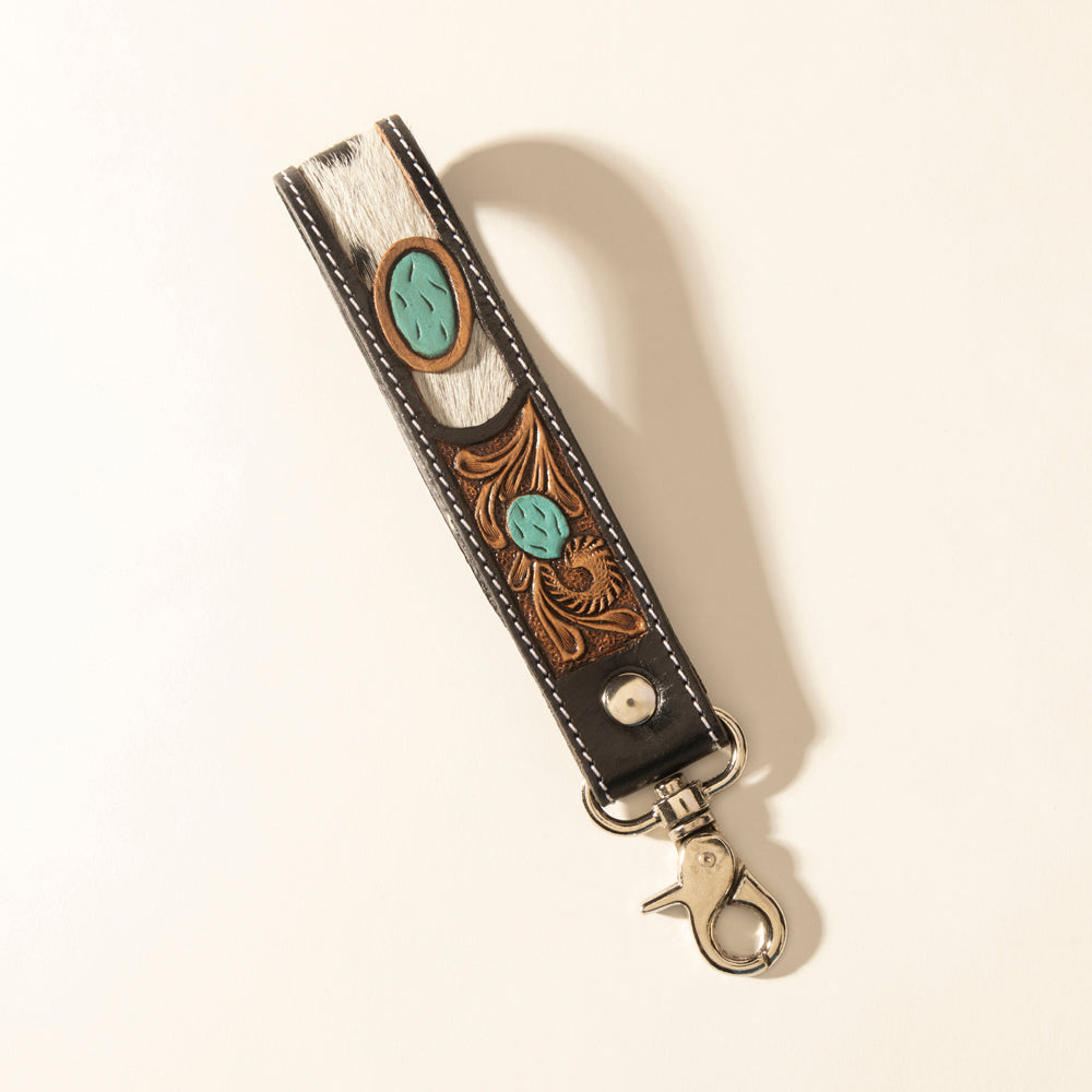 Myra Tallin Bloom Handtooled Leather Keyfob in Saddle Sky - Myra USA
