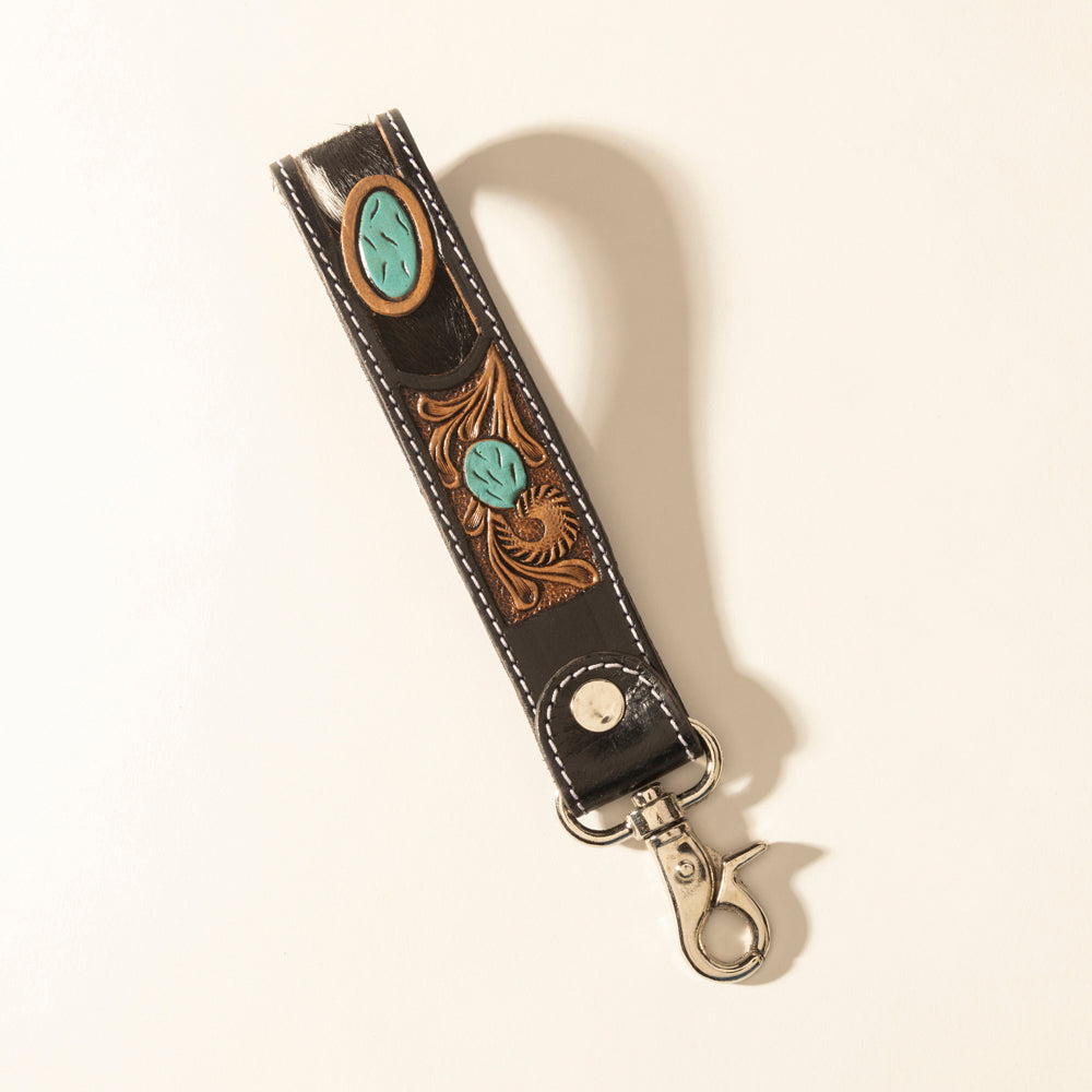 Myra Tallin Bloom Handtooled Leather Keyfob in Saddle Sky - Myra USA