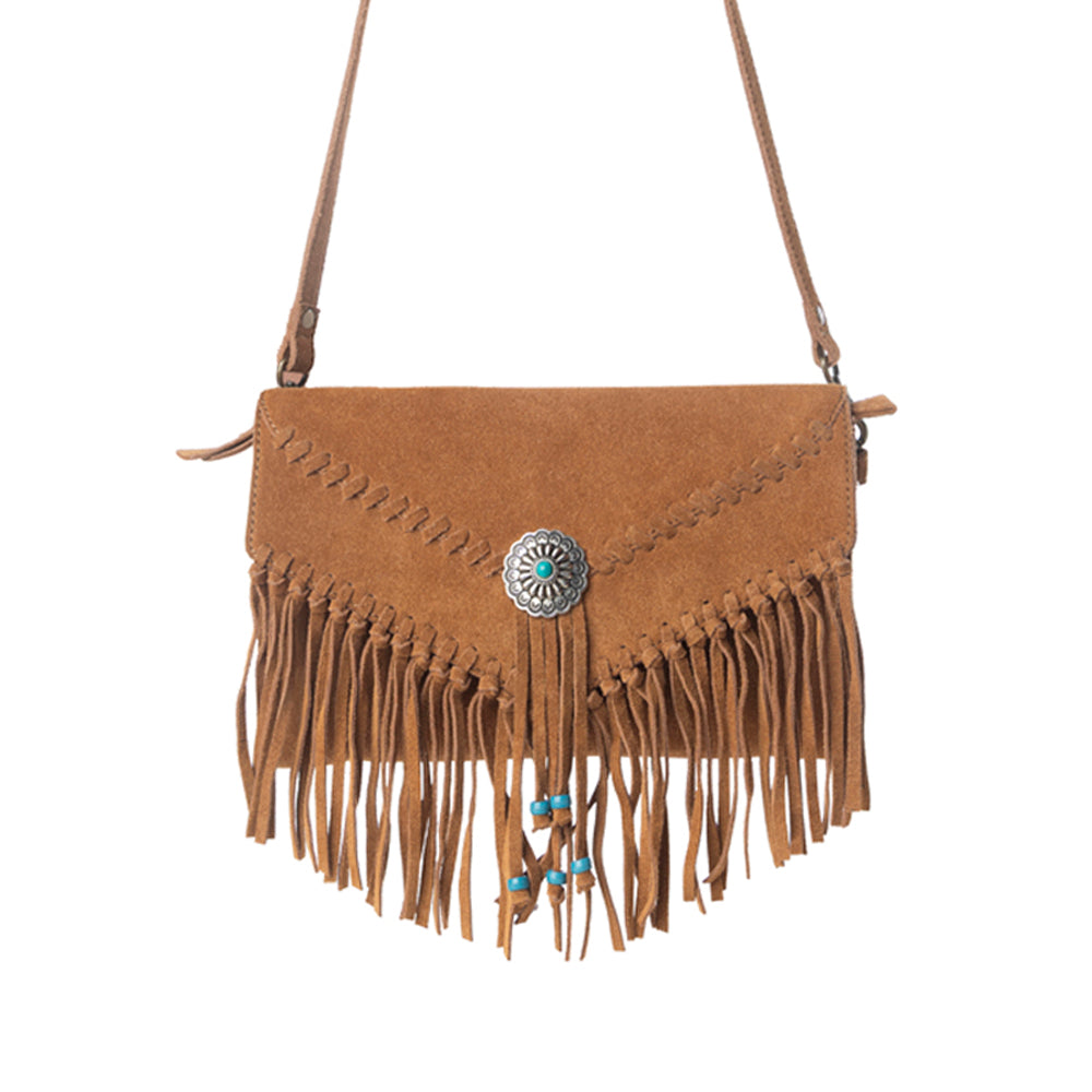 Myra Texas Mist Fringed Leather Bag in Rustwood with Concho Accent - Myra USA