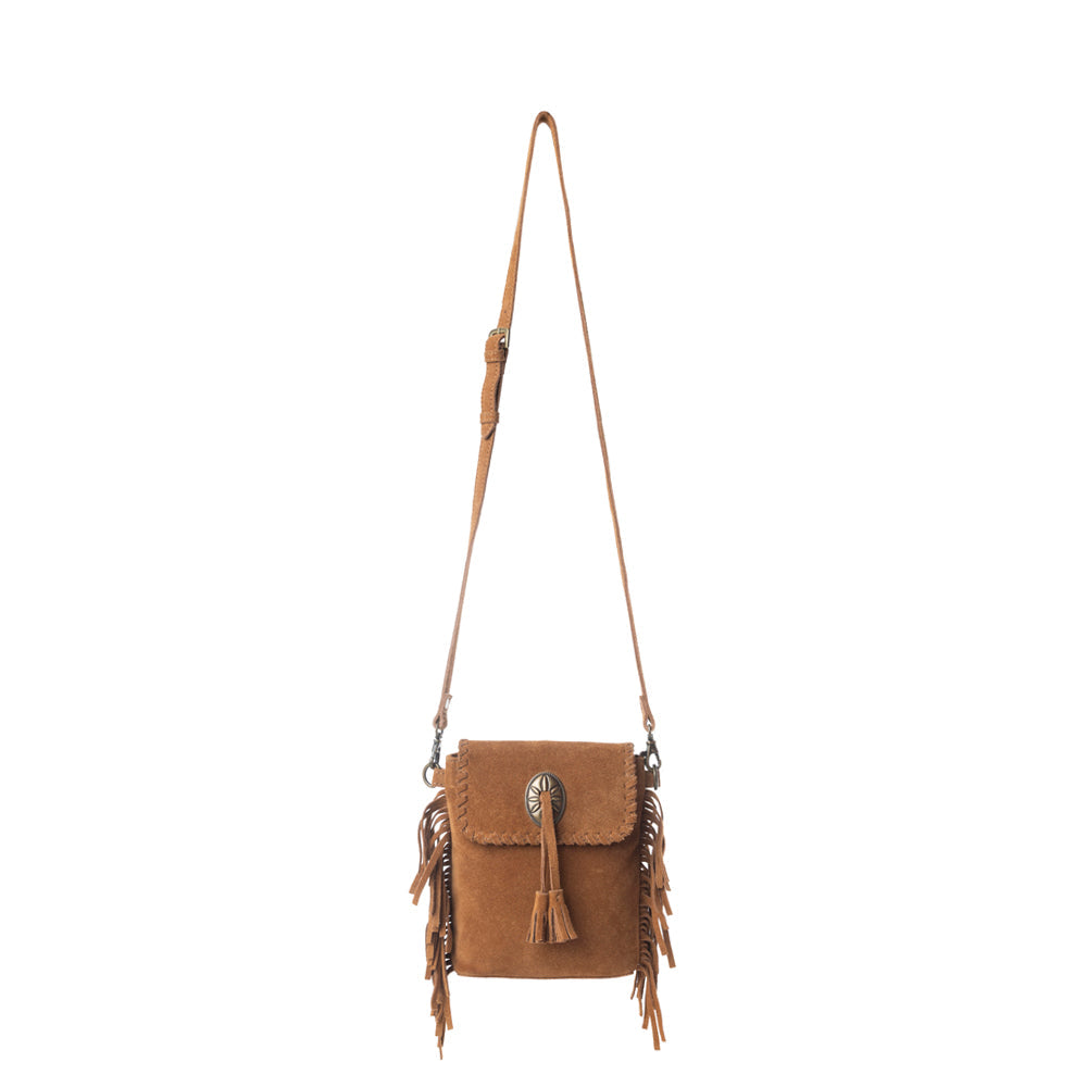 Myra Prairie Drift Fringed Leather Bag in Rodeo Bronze with Concho Accent - Myra USA