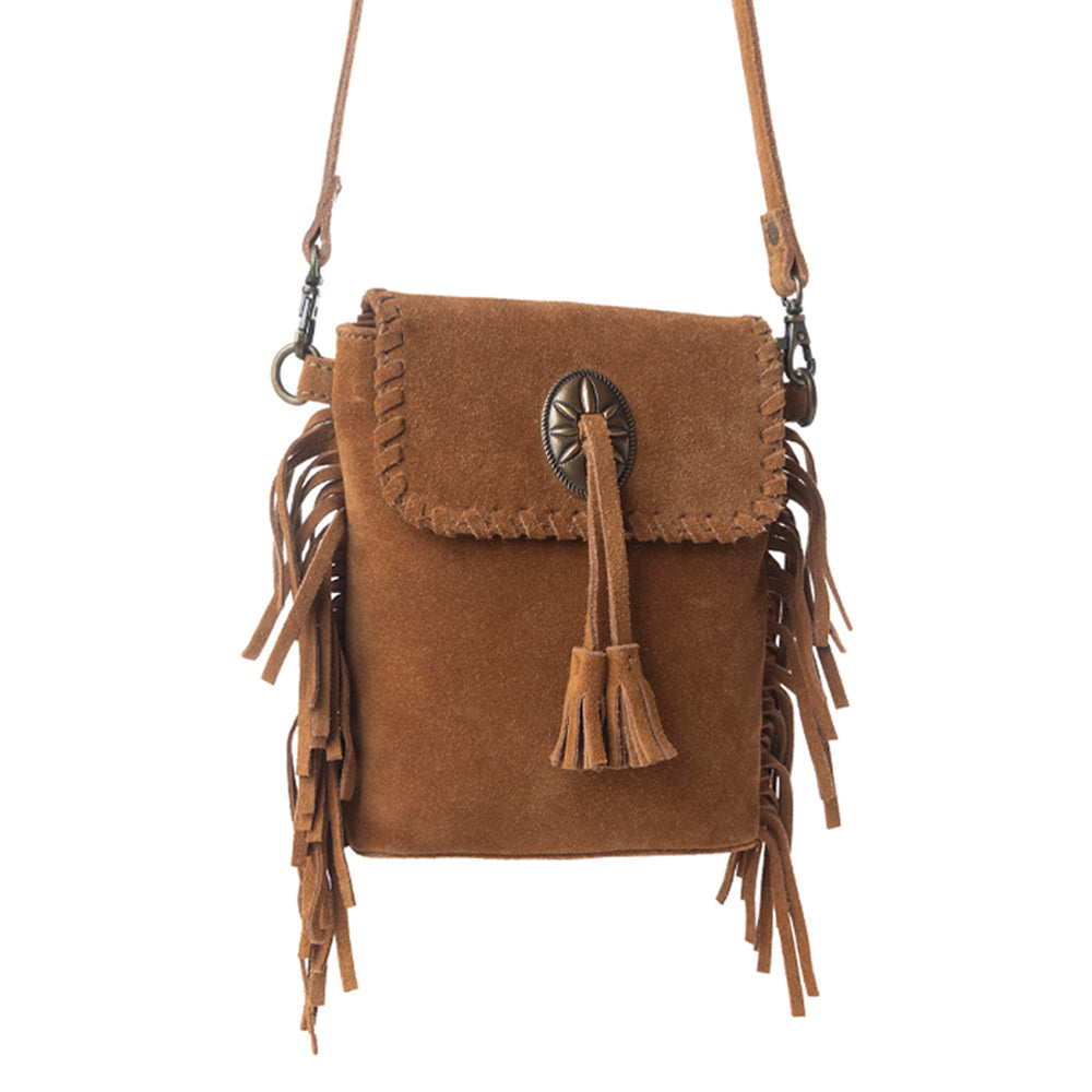 Myra Prairie Drift Fringed Leather Bag in Rodeo Bronze with Concho Accent - Myra USA