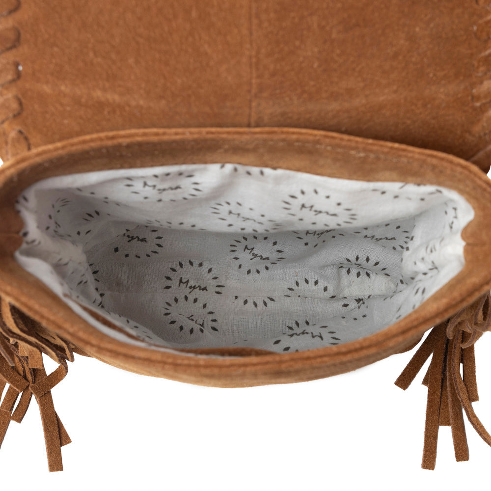 Myra Prairie Drift Fringed Leather Bag in Rodeo Bronze with Concho Accent - Myra USA