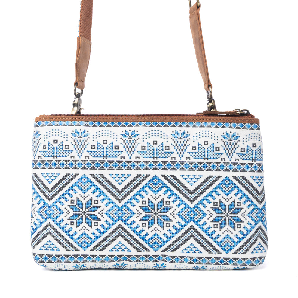 Myra Tribal Hollow Cotton & Leather Crossbody Bag in Indigo Frost - Myra USA