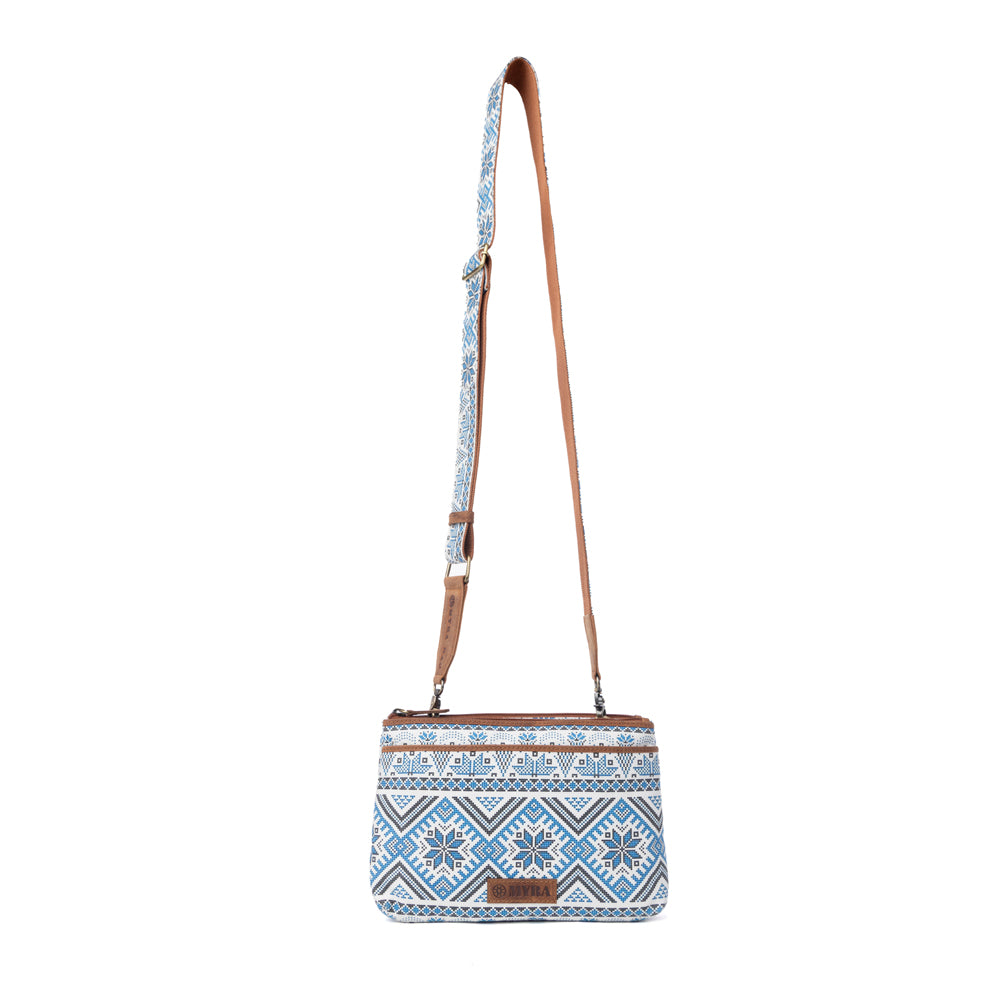 Myra Tribal Hollow Cotton & Leather Crossbody Bag in Indigo Frost - Myra USA