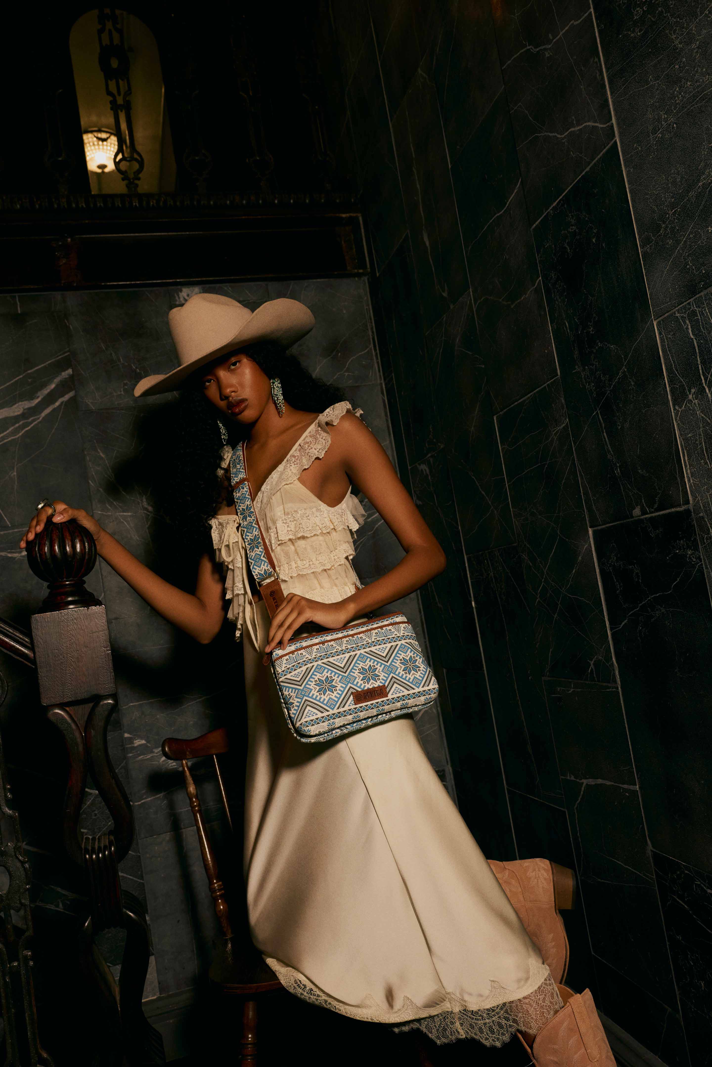 Myra Tribal Hollow Cotton & Leather Crossbody Bag in Indigo Frost - Myra USA