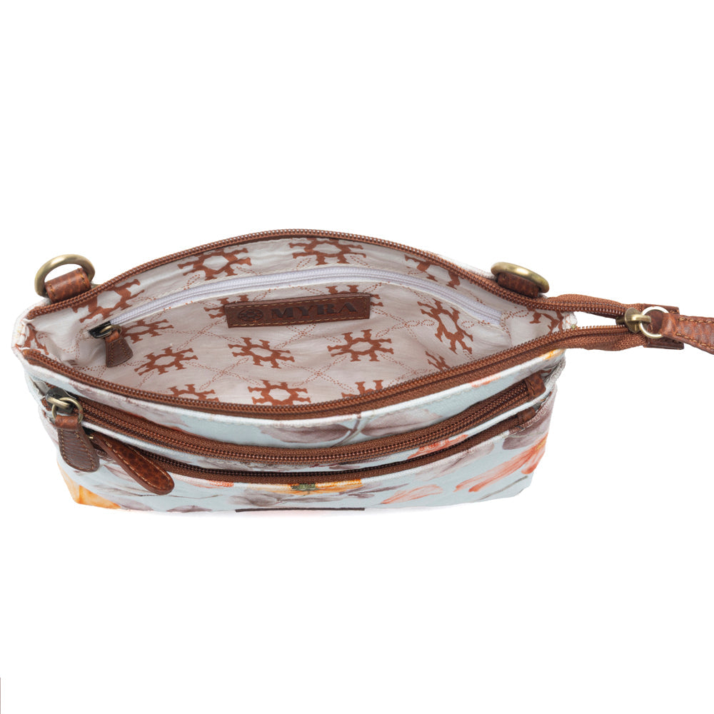 Myra Maple Ridge Cotton & Leather Crossbody Bag in Powder Sky - Myra USA
