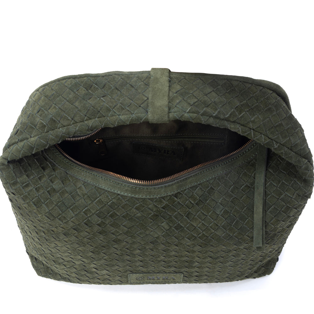 Myra Saddle Weave Genuine Suede Leather Bag in Olive Moss - Myra USA