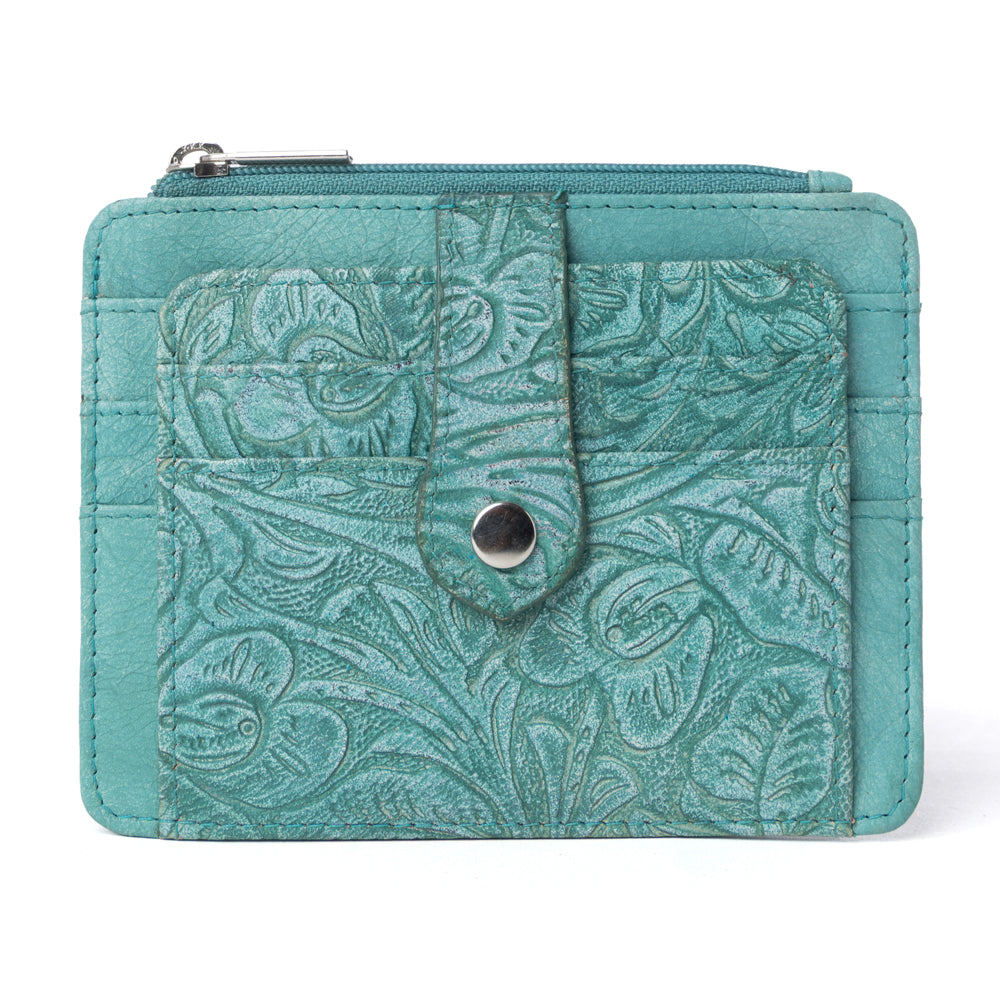 Myra Driftwood Cove Embossed Leather Credit Card Holder in Ocean Sage - Myra USA