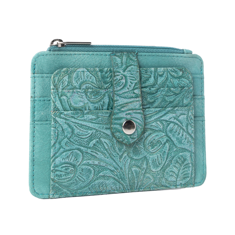 Myra Driftwood Cove Embossed Leather Credit Card Holder in Ocean Sage - Myra USA