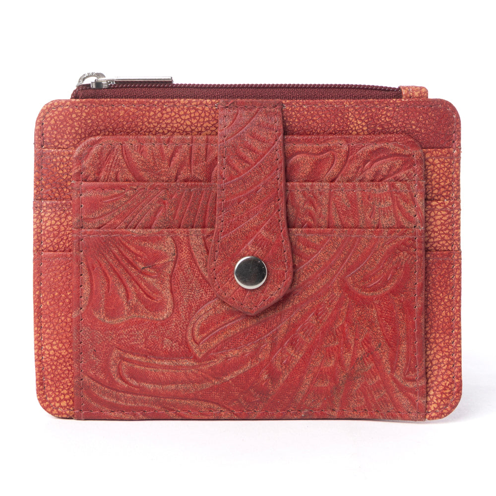 Myra Driftwood Cove Embossed Leather Credit Card Holder in Coral Red - Myra USA
