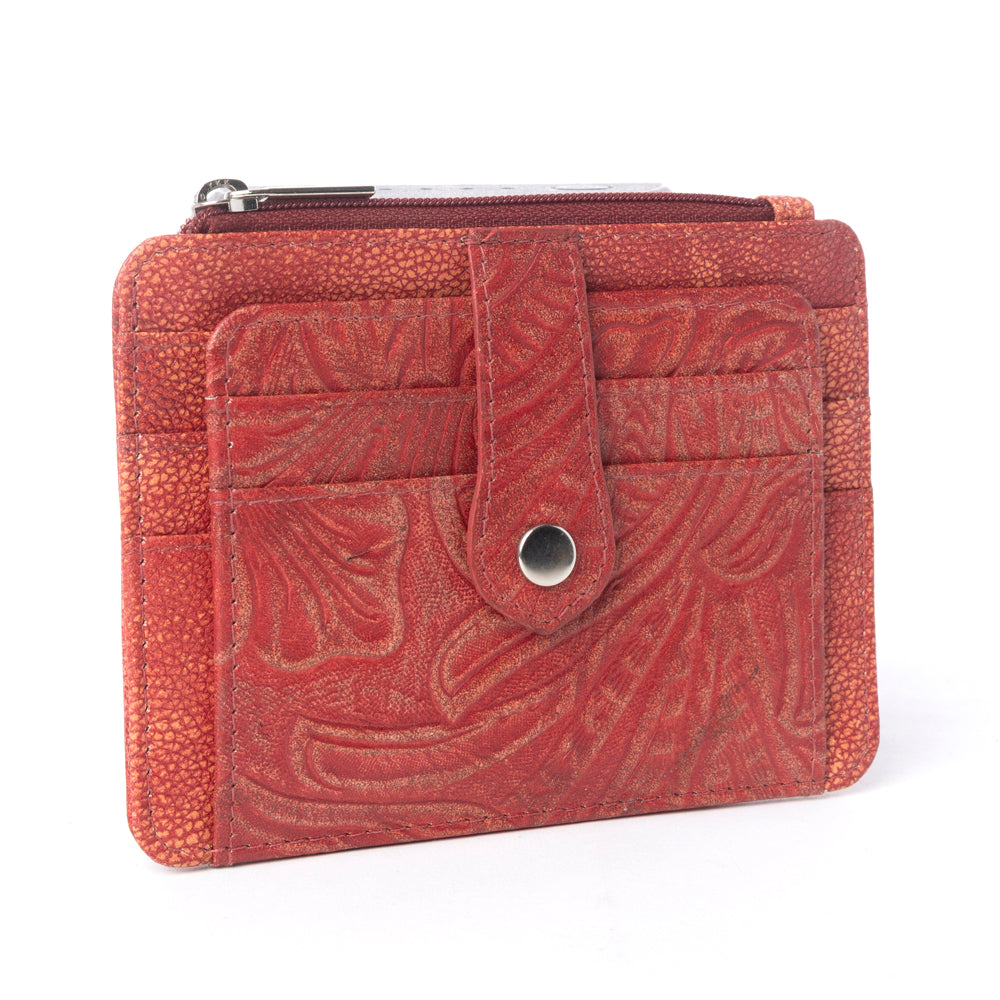 Myra Driftwood Cove Embossed Leather Credit Card Holder in Coral Red - Myra USA