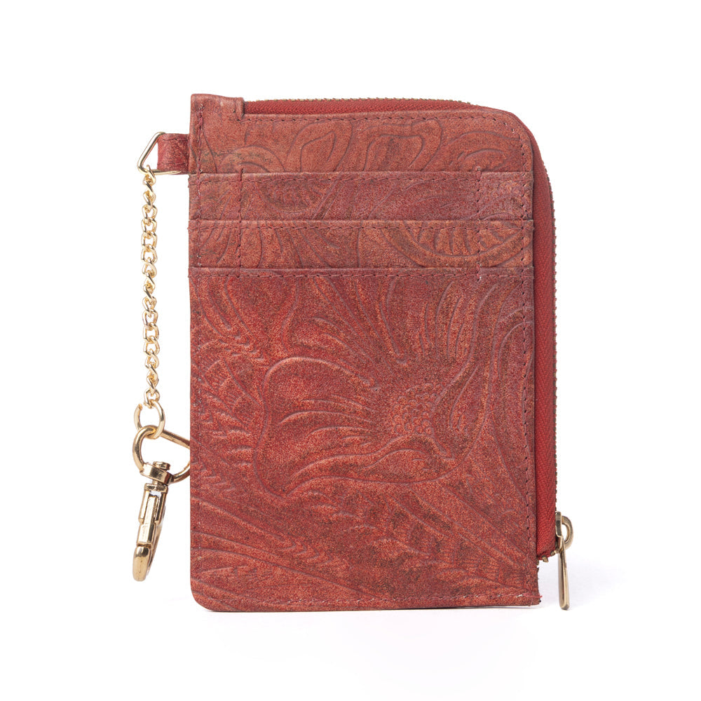 Myra Summer Grove Embossed Leather Credit Card Holder in Burnt Crimson - Myra USA