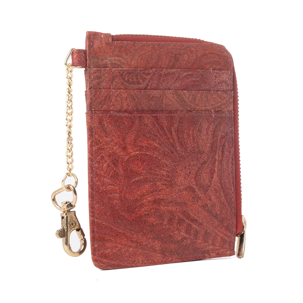 Myra Summer Grove Embossed Leather Credit Card Holder in Burnt Crimson - Myra USA