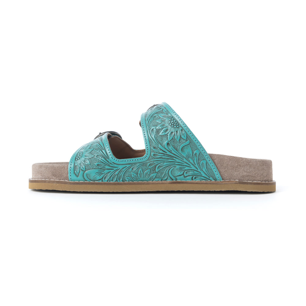 Myra Bluebell Ranch Handtooled Leather Sandals in Alpine Teal - Myra USA
