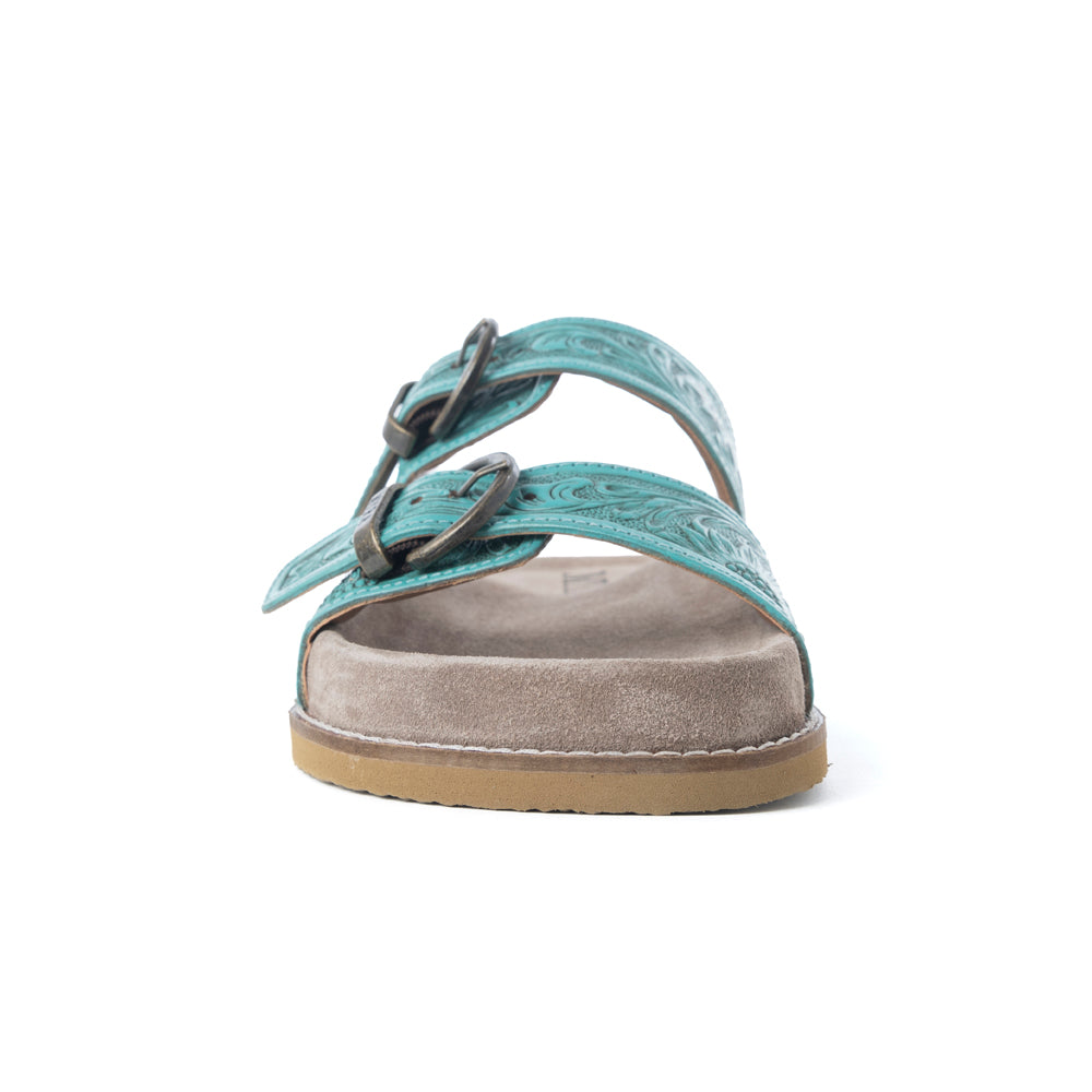 Myra Bluebell Ranch Handtooled Leather Sandals in Alpine Teal - Myra USA