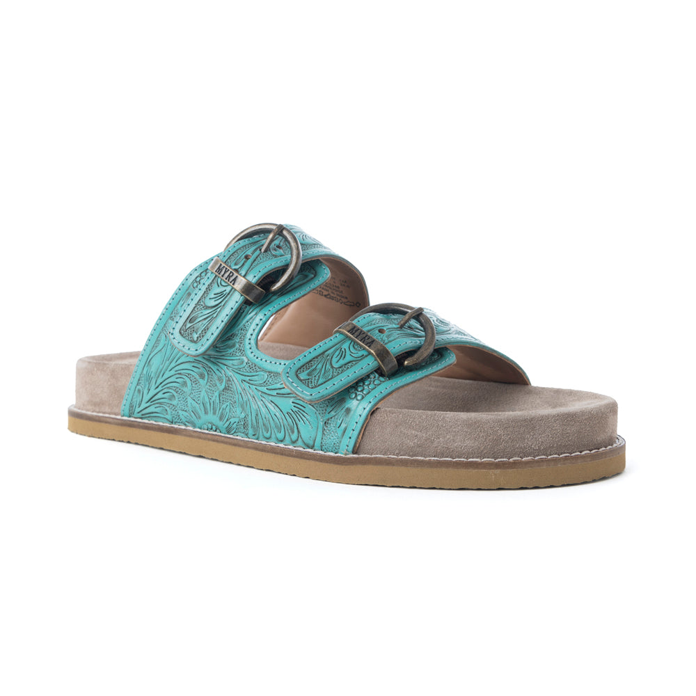 Myra Bluebell Ranch Handtooled Leather Sandals in Alpine Teal - Myra USA
