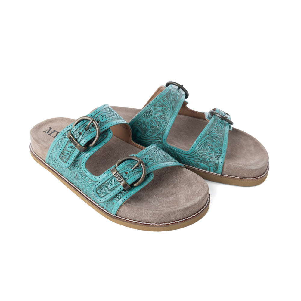 Myra Bluebell Ranch Handtooled Leather Sandals in Alpine Teal - Myra USA