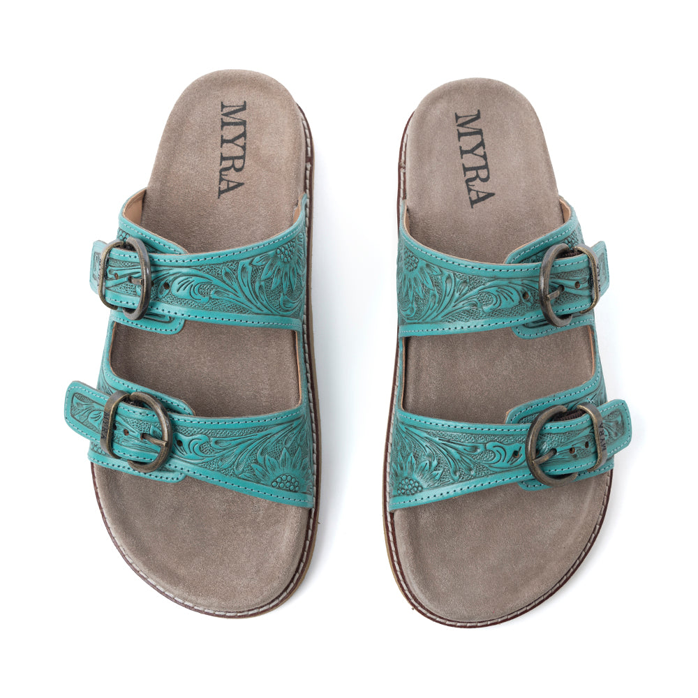 Myra Bluebell Ranch Handtooled Leather Sandals in Alpine Teal - Myra USA