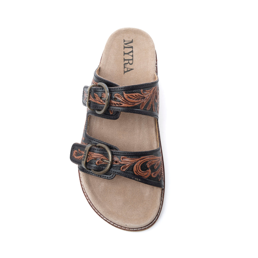 Myra Canyon Ember Handtooled Leather Sandals in Bronzed Brown - Myra USA