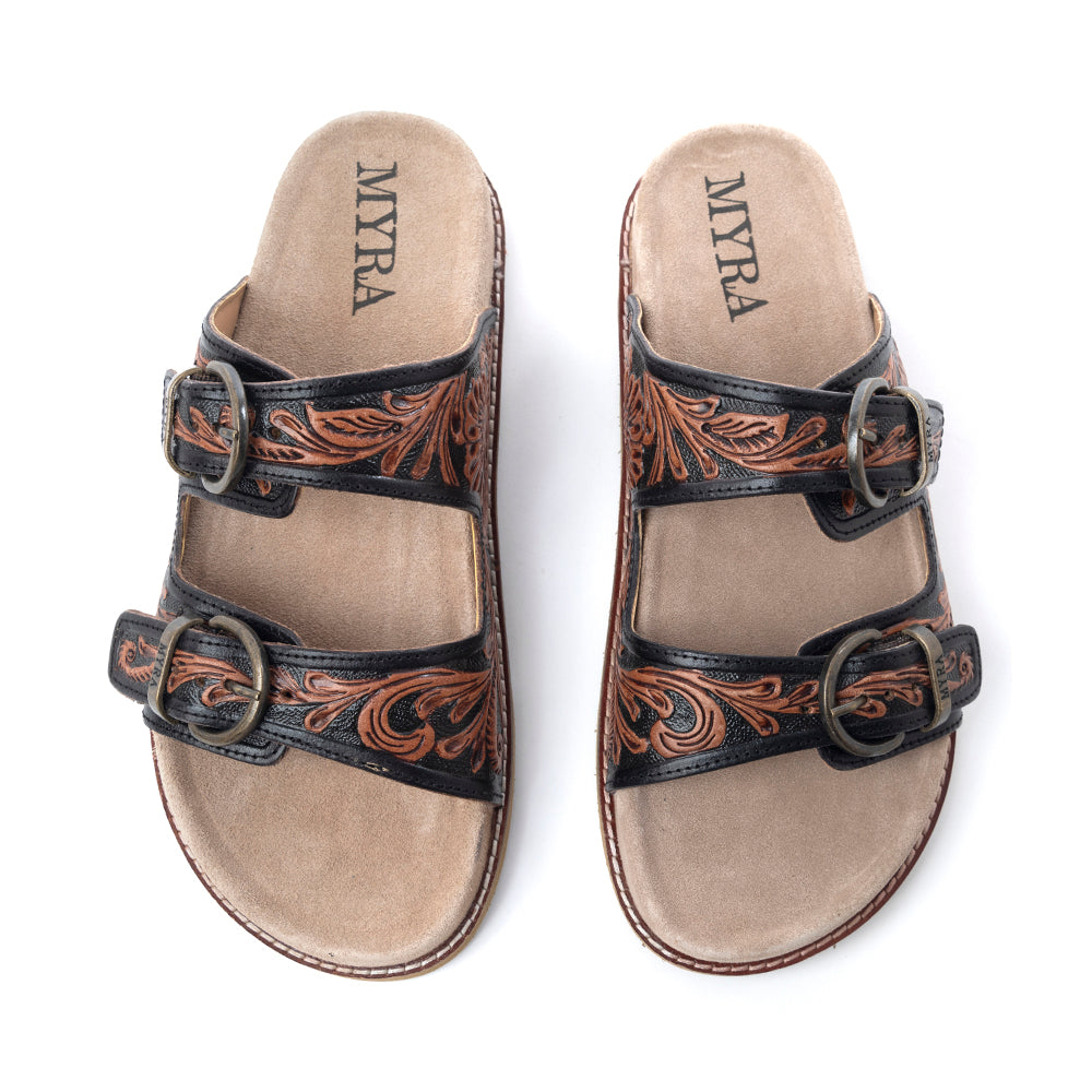 Myra Canyon Ember Handtooled Leather Sandals in Bronzed Brown - Myra USA