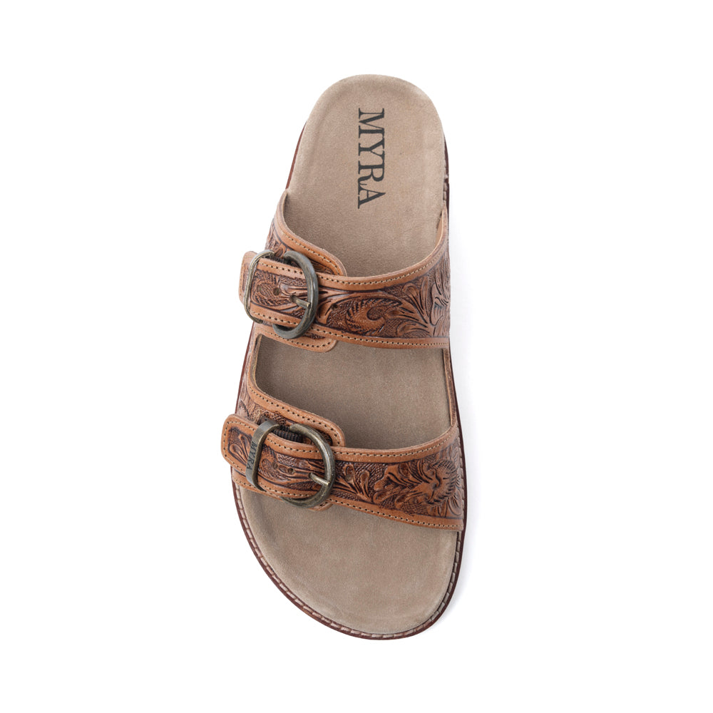 Myra Desert Fern Handtooled Leather Sandals in Autumn Tan - Myra USA