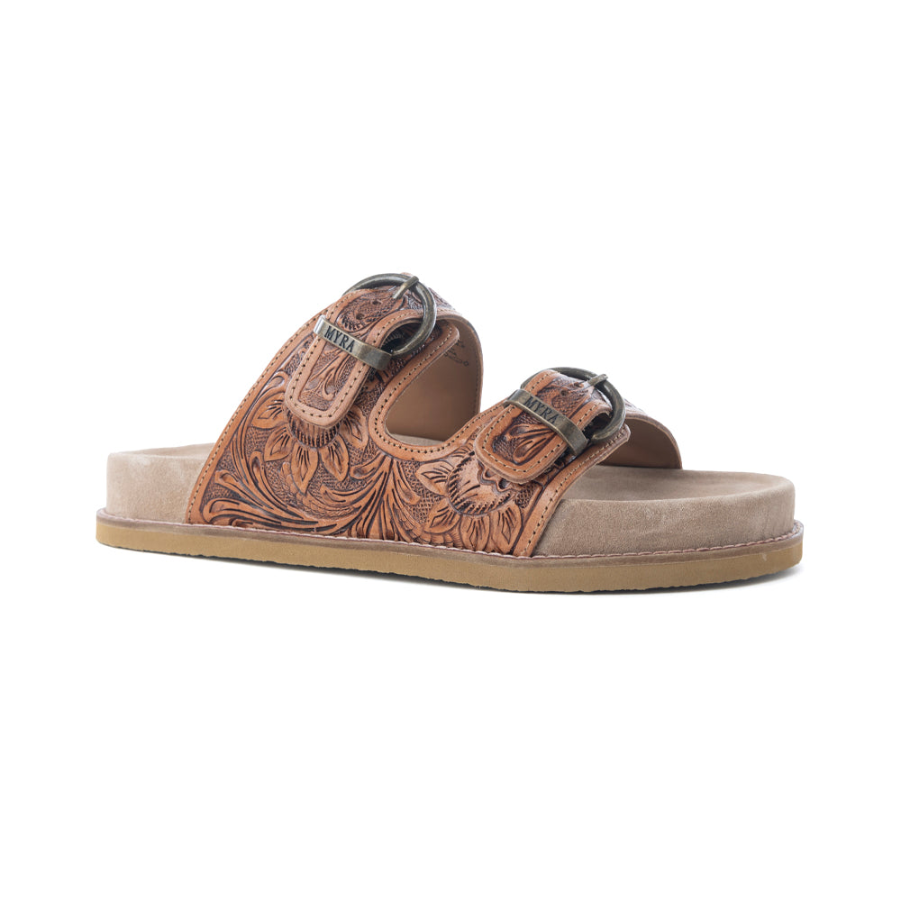 Myra Desert Fern Handtooled Leather Sandals in Autumn Tan - Myra USA