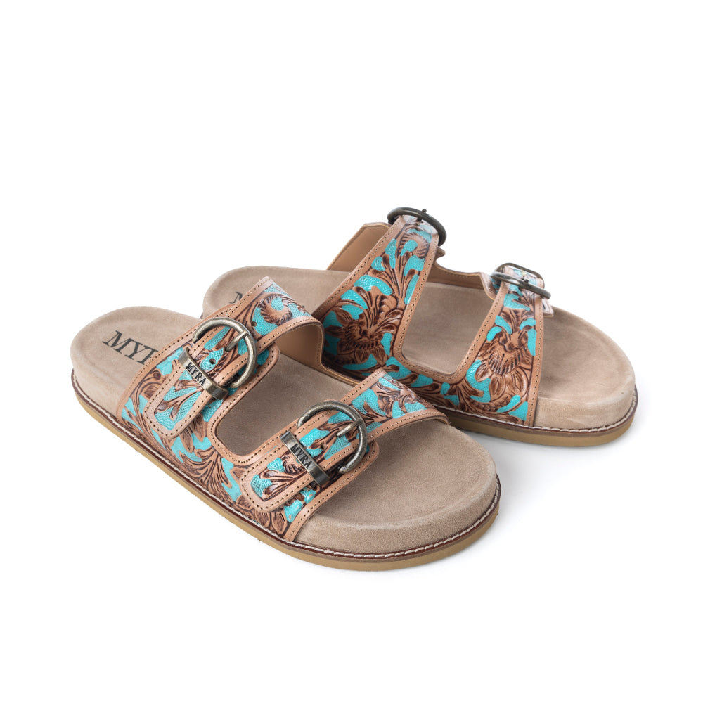 Myra Meadow Sky Handtooled Leather Sandals in Sagewave Blue - Myra USA