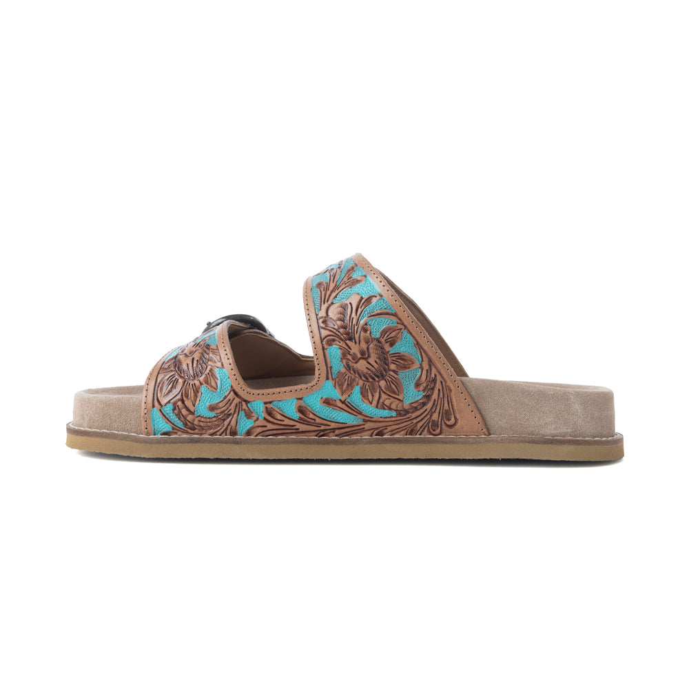 Myra Meadow Sky Handtooled Leather Sandals in Sagewave Blue - Myra USA