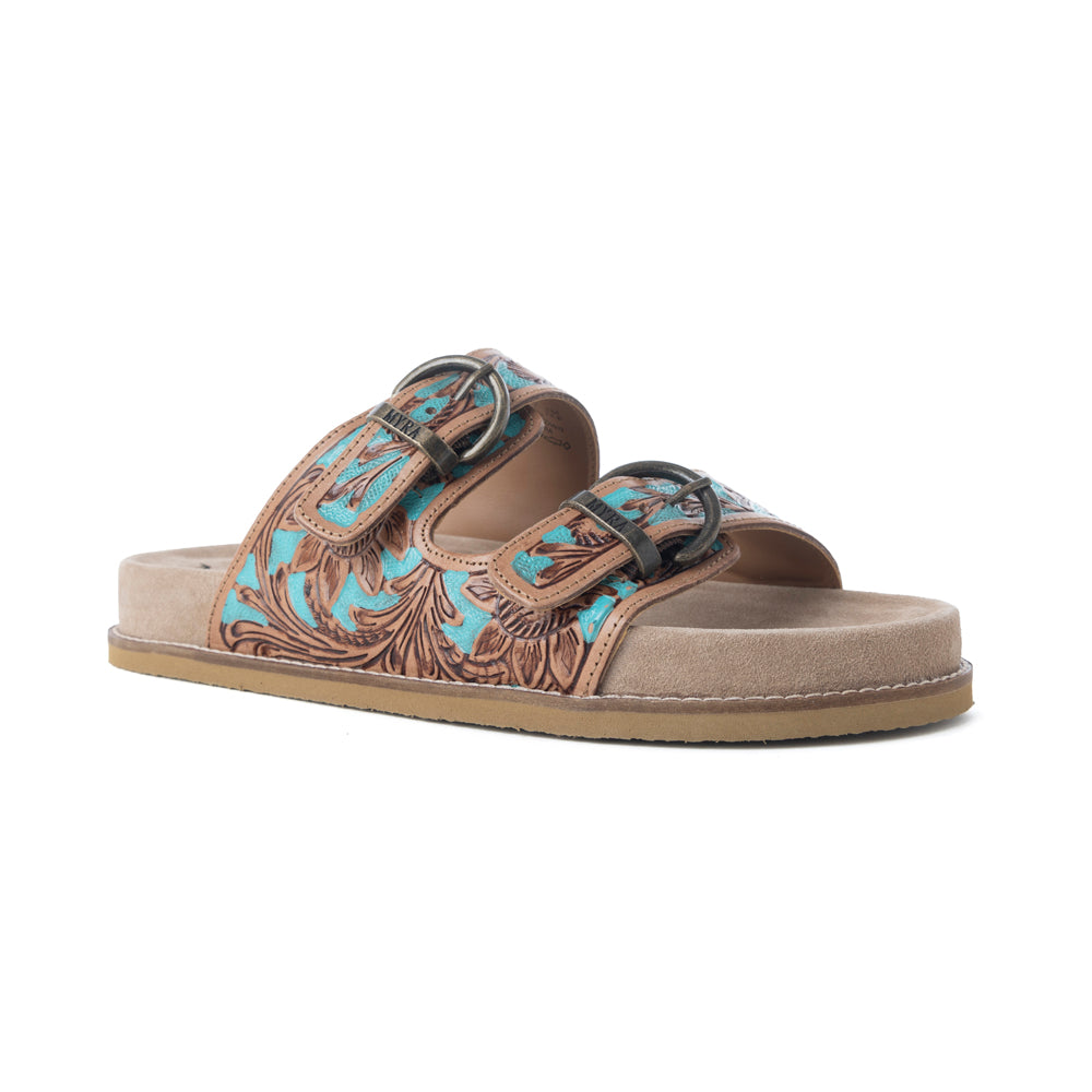 Myra Meadow Sky Handtooled Leather Sandals in Sagewave Blue - Myra USA