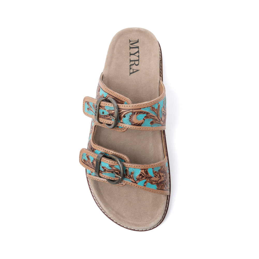 Myra Meadow Sky Handtooled Leather Sandals in Sagewave Blue - Myra USA