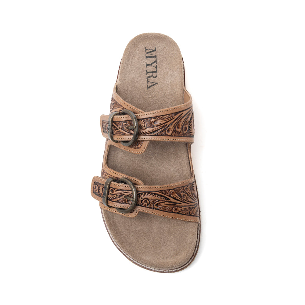 Myra Willow Bloom Handtooled Leather Sandals in Ashen Brown - Myra USA