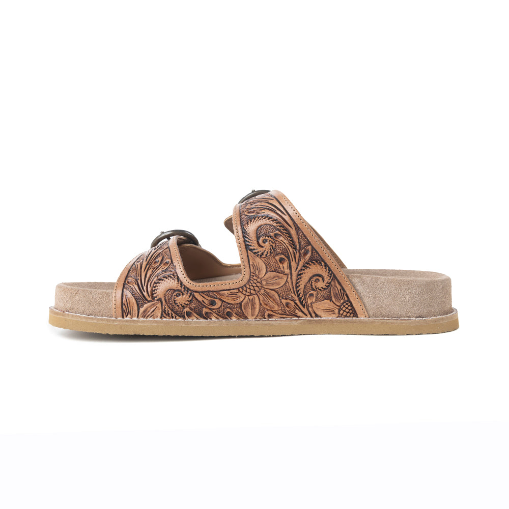 Myra Willow Bloom Handtooled Leather Sandals in Ashen Brown | Myra USA