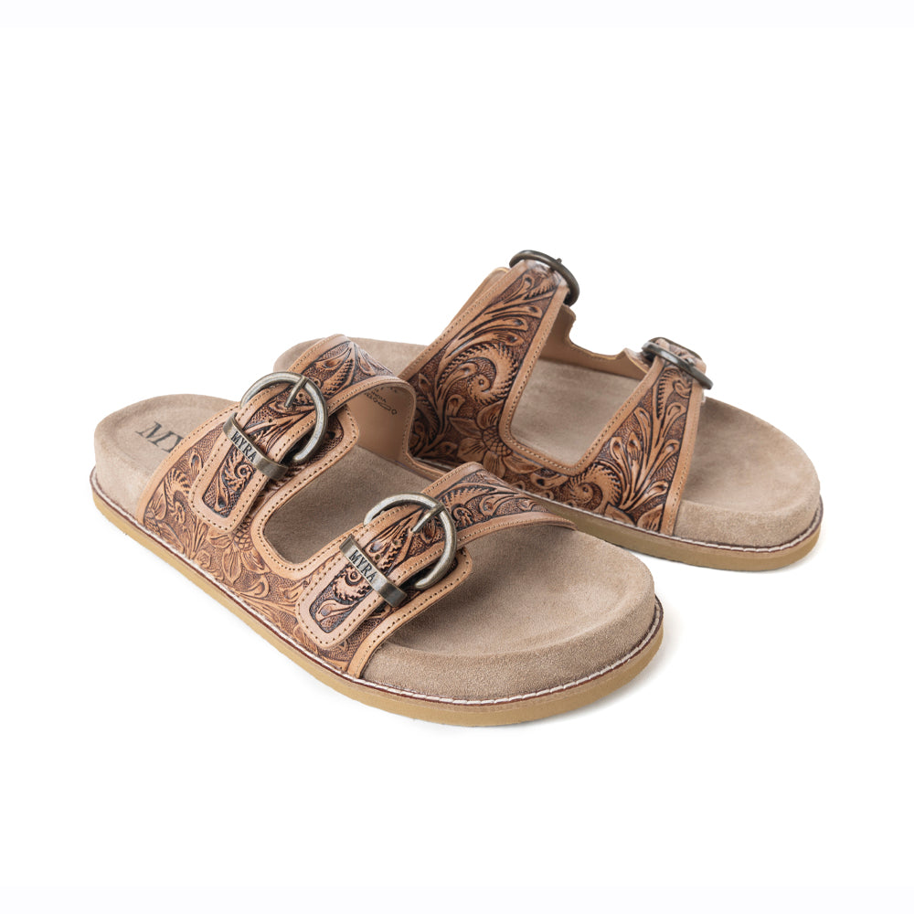 Myra Willow Bloom Handtooled Leather Sandals in Ashen Brown - Myra USA