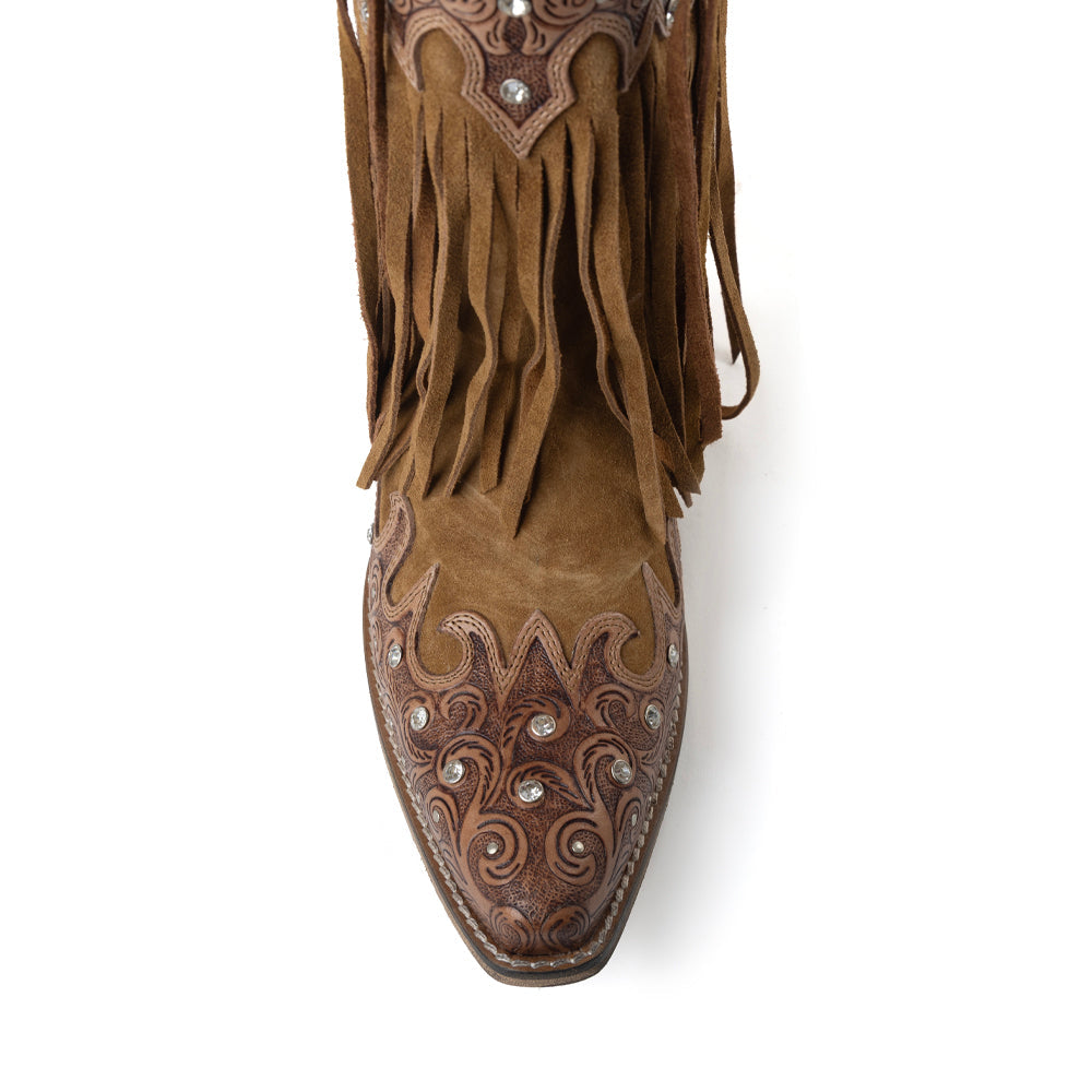 Myra Goldrush Gleam Fringed Handtooled Leather Boots in Dusty Oak - Myra USA