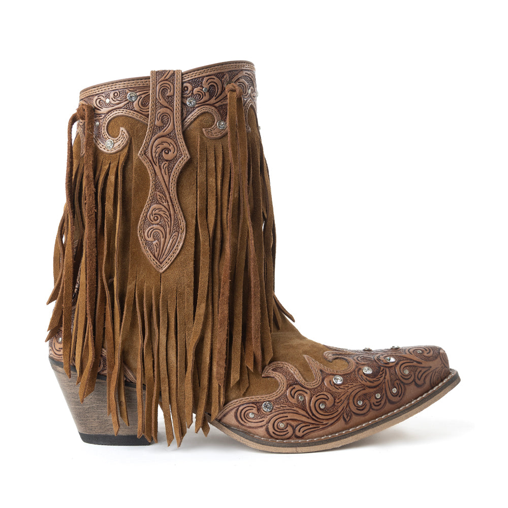 Myra Goldrush Gleam Fringed Handtooled Leather Boots in Dusty Oak - Myra USA