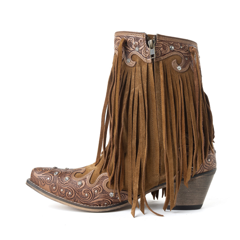 Myra Goldrush Gleam Fringed Handtooled Leather Boots in Dusty Oak - Myra USA