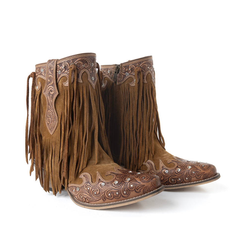 Myra Goldrush Gleam Fringed Handtooled Leather Boots in Dusty Oak - Myra USA