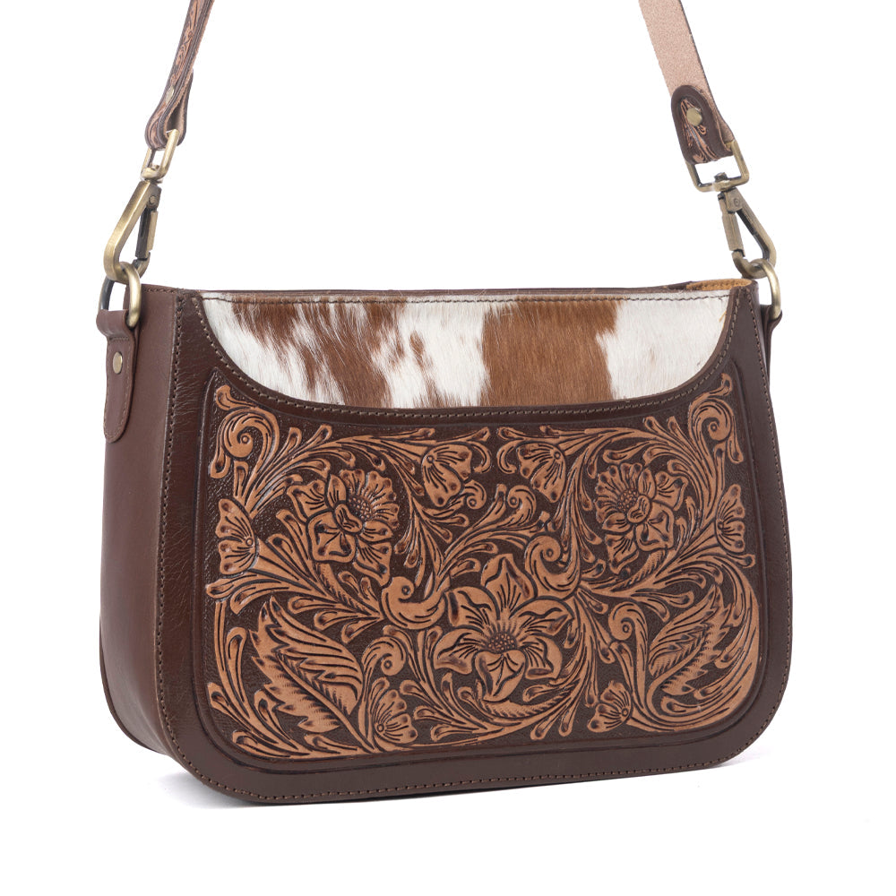 Myra Copper Crest Handtooled Hairon Leather Clutch in Saddle Walnut - Myra USA