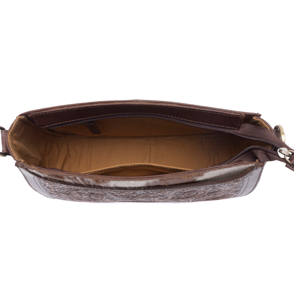 Myra Copper Crest Handtooled Hairon Leather Clutch in Saddle Walnut - Myra USA
