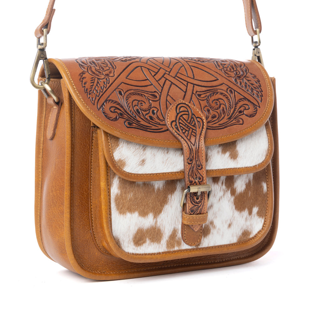 Myra Cedar Range Handtooled Hairon Buckle Leather Bag in Chestnut Ivory - Myra USA