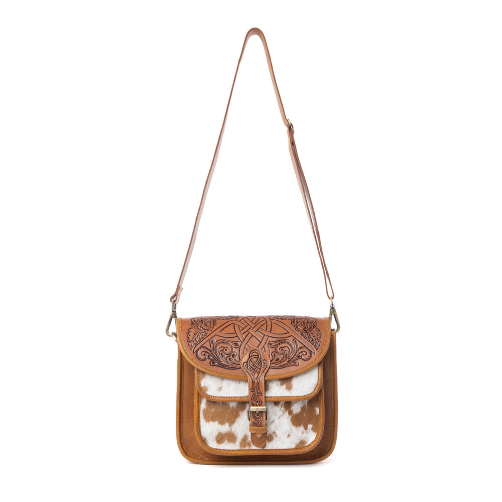 Myra Cedar Range Handtooled Hairon Buckle Leather Bag in Chestnut Ivory - Myra USA