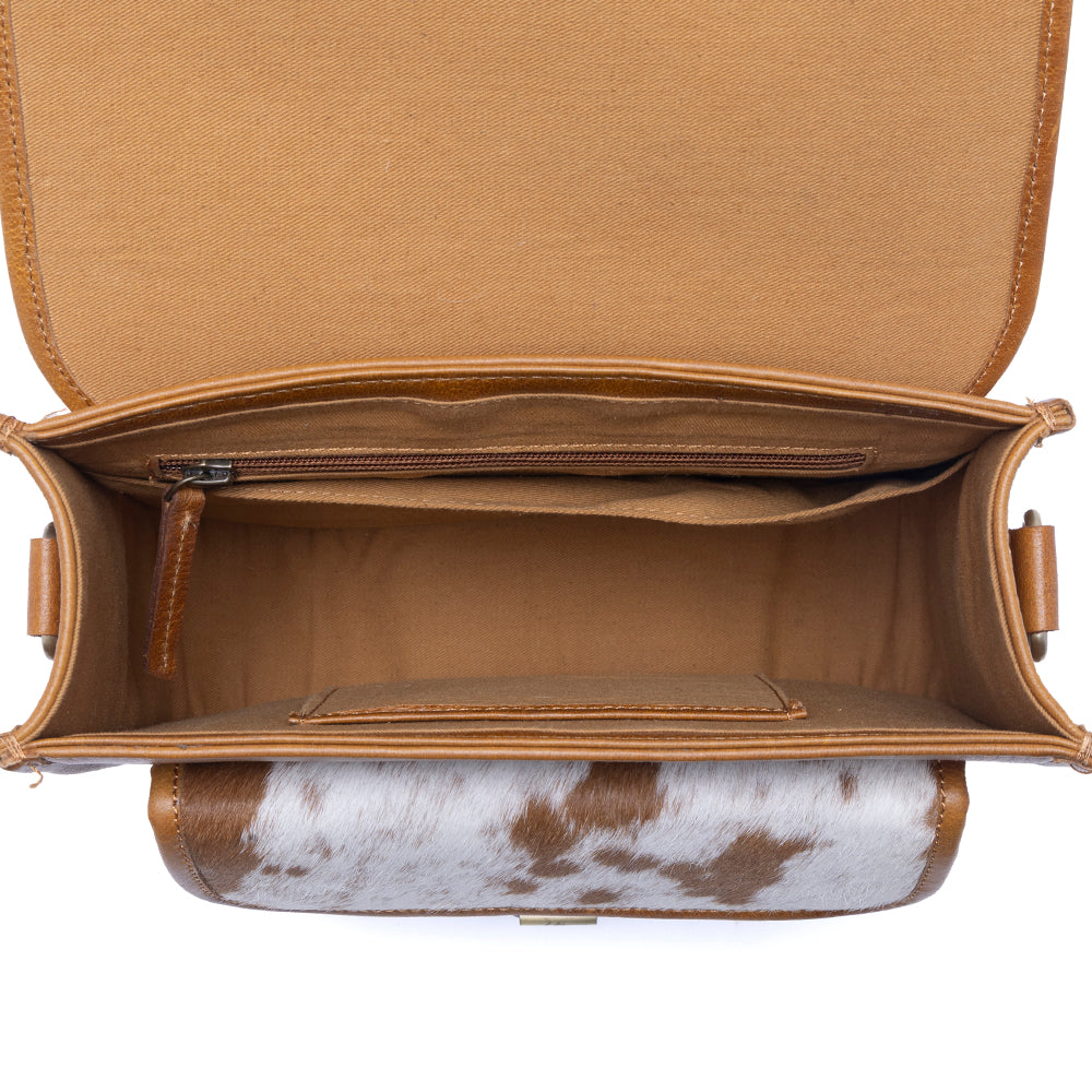 Myra Cedar Range Handtooled Hairon Buckle Leather Bag in Chestnut Ivory - Myra USA